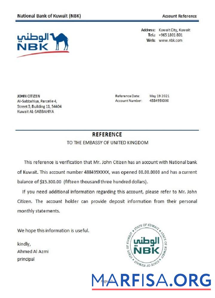 Blank Kuwait National Bank of Kuwait reference download for verification